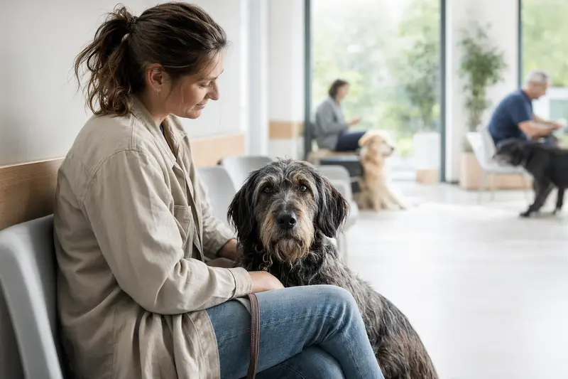 Ein Flandrischer Treibhund sitzt ruhig neben seinem Besitzer im hellen Wartezimmer einer modernen Tierarztpraxis.